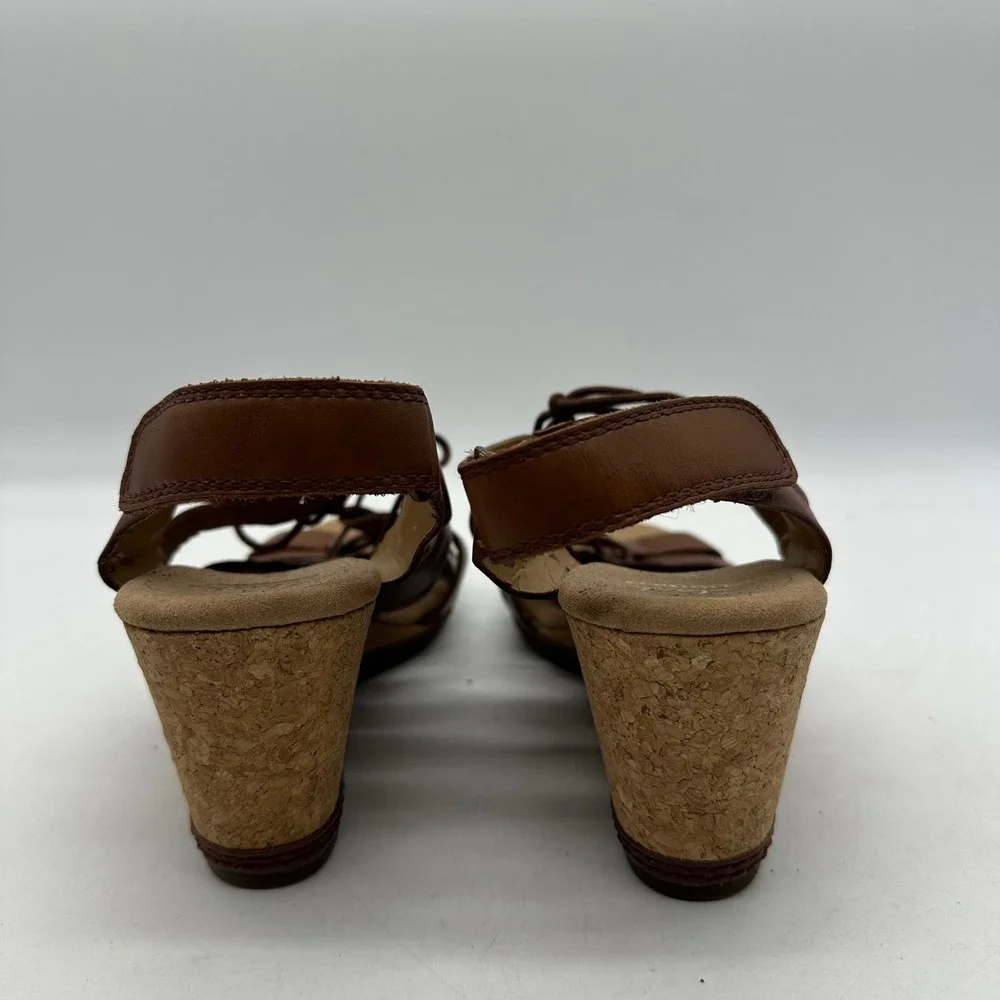 Clarks 261247694065 Womens Size 9 Helio Mindin Brown Leather Cork Wedge Sandals